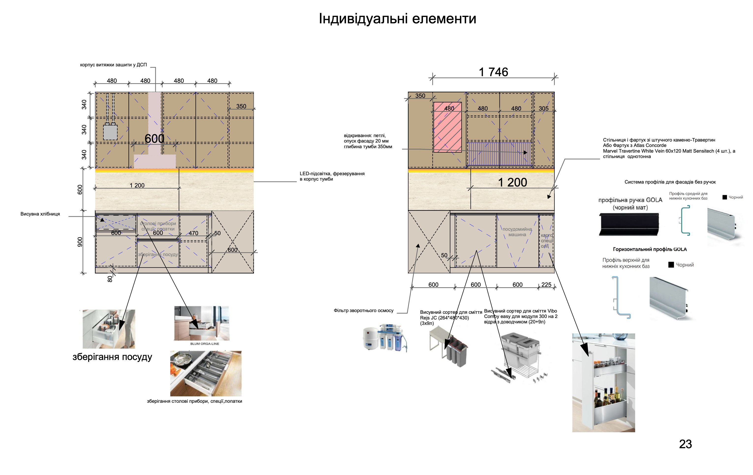 Креслення кухні з розмірами модулів і внутрішнім наповненням